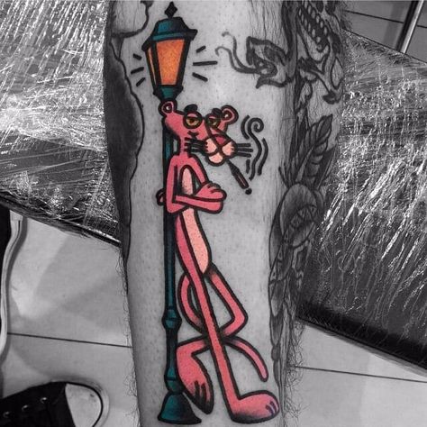 Pink Panther tattoo by Ozzy Ostby. #OzzyOstby #traditionalamerican #trads #traditional #pinkpanther Pink Panther Tattoo, Panther Tattoo, Old School Tattoo Designs, Tatuaje A Color, New School Tattoo, Traditional Tattoo Flash, Tattoo Illustration, Cartoon Tattoos, Pink Panther