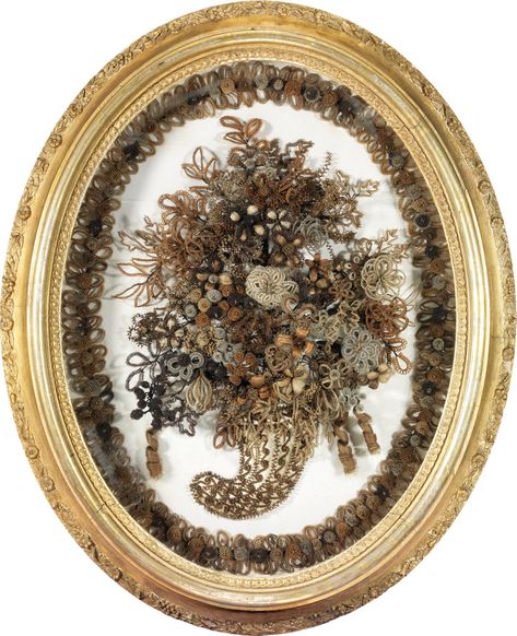 Nosegay with border, signed on reverse by Mrs. William J. Smith, Brookline, New Hampshire, gilt gesso, wood, glass, paper, wire, and human hair using gimp work, 1860-61. Victorian Hair Wreath, Victorian Hair Jewelry Memento Mori, Victorian Hair Art, Victorian Hair Jewelry, Victorian Lifestyle, Artsy Hair, Memory Art, Hair Keepsake, Victorian Hair