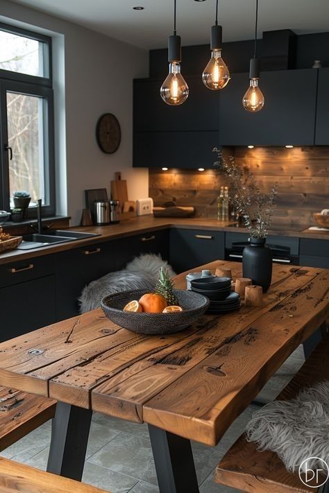 2024 Kitchen Decor Trends, Black Scandinavian Kitchen, Black And Wood Interior, Black And Wood Kitchen, Dapur Skandinavia, Kitchen Scandinavian Style, Modern Konyhatervezés, Scandinavian Interior Kitchen, Interior Design Wood