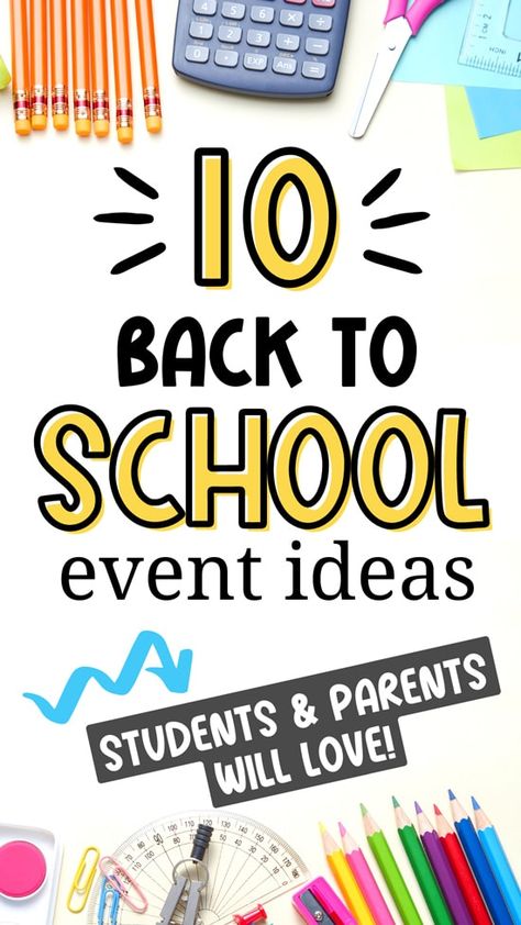 Are you wondering how to make back to school more fun for kids? Grab these 10 fun back to school event ideas! Students of all ages will benefit: elementary, preschool, middle school and more. Includes party ideas, games, welcome ideas, and activities. Grab more great room mom ideas for school programs and events at roommomrescue.com. Whole School Event Ideas, Back To School Open House Themes, Pta First Day Of School Ideas, Back To School Pta Ideas, Pto Back To School Event, School Wide Activities Elementary, Pto Welcome Back To School, Elementary School Pta Events, Pta Back To School Night Ideas