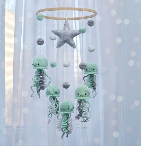 Jellyfish,marine mobile,ocean mobile,new baby gift,under the sea baby mobile,neutral baby mobile. Ocean Mobile, Crochet Crib, Crochet Nursery Decor, Crochet Baby Mobiles, Crochet Baby Costumes, Ocean Themed Nursery, Crochet Mobile, Be Curious, Baby Room Inspiration