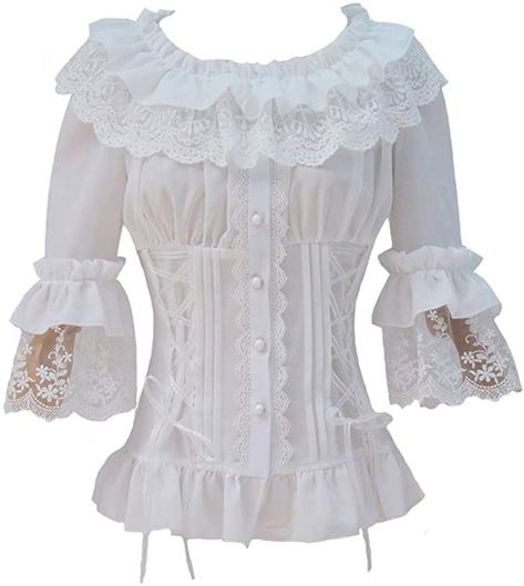 Amazon.com: Smiling Angel Ruffle Retro Chiffon Half Sleeve Victorian Lolita White Blouse: Clothing Victorian Shirt, Chiffon Lace Blouse, Victorian Nightgown, Angel Sleeves Dress, Royal Dresses, Gothic Victorian, Lace Vintage, Flare Sleeves, White Dress Party