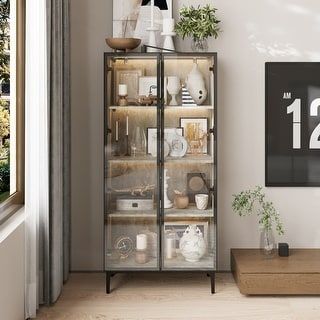 Display Storage Cabinet Showcase with Glass Doors and LED Light - Bed Bath & Beyond - 41024059 Display Storage Cabinet, Kitchen Storage Units, Books Crafts, Bookcase With Glass Doors, Bed With Led Lights, Door Display, Grey Storage, Tree Species, Door Displays