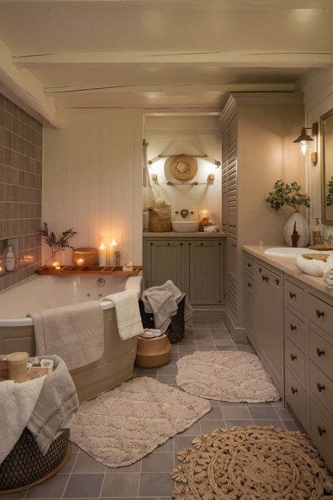 Rustic farmhouse-inspired bathroom featuring warm wood tones, cozy textiles, and candles. Minimal Cozy Bathroom, Cozy Home Aesthetic Bathroom, Cozy Home Bathroom, Cute Cozy Bathroom, Cozy House Bathroom, Cosy Bathroom Ideas, Cozy Cottage Bathroom, Cozy Bathroom Aesthetic, Cozy Bathroom Design