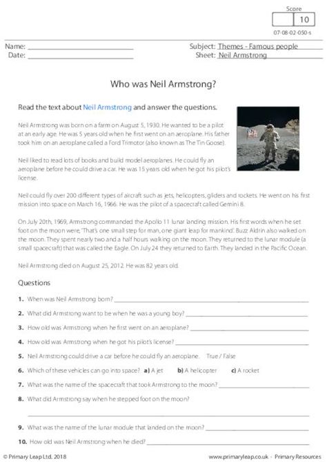 Reading Comprehension - Neil Armstrong | PrimaryLeap.co.uk Neil Armstrong For Kids, Year 7 English Worksheets, Family Quiz, Famous Inventors, Cloze Activity, Theme Words, History Activities, Neil Armstrong, Word Bank