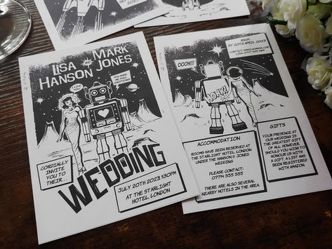 Personalised Printed Retro Sci-fi Comic Book Wedding Invite - Etsy Comic Wedding, Comic Book Design, Comic Book Wedding, Retro Sci Fi, Sci Fi Comics, Wedding Gift Registry, Information Card, Personalised Wedding Invitations, Ding Dong