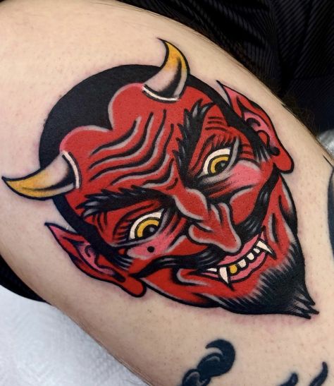 TRADITIONAL DEVIL HEAD TATTOO Tattoo Devil, Devil Face, Traditional Tattoo Inspiration, Army Tattoos, 13 Tattoos, Devil Tattoo, Traditional Tattoo Sleeve, Traditional Tattoo Design, Traditional Tattoo Art