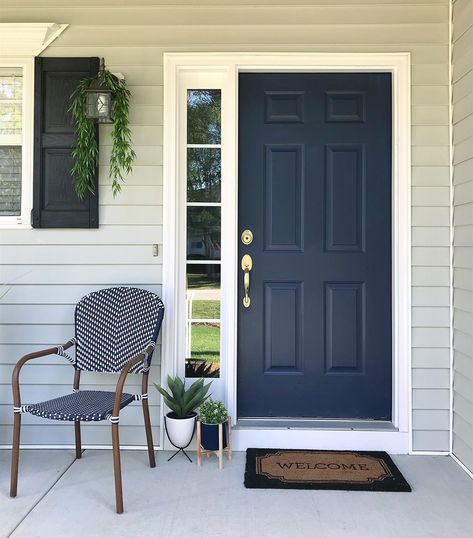 Blue Door Exterior House Colors, Navy Blue Door And Shutters, Door Paint Colors Entryway, Navy Blue Front Door Gray House, Navy Blue Front Door Colors, Front Door Colors For Dark Blue House, Navy Front Door Brick House, Midnight Blue Front Door, Best Blue Front Door Colors