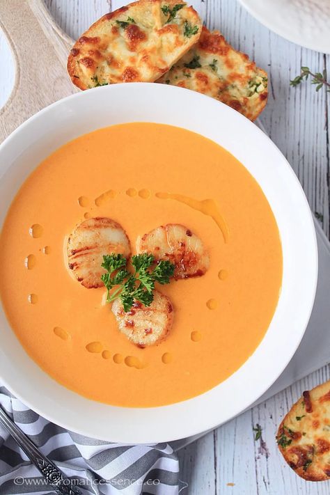 Scallop Bisque Recipe | Irish Scallop Bisque - Aromatic Essence Scallops Soup Recipe, Scallop Bisque, Lemongrass Paste, French Soup, Recipe Soup, Bisque Recipe, Tomato Bisque, Cheesy Garlic Bread, Scallop Recipes