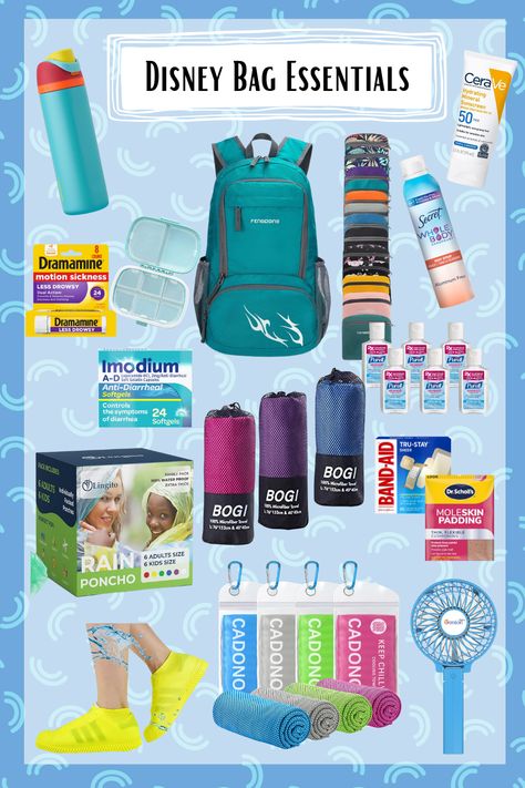 Years of visiting Disney parks has allowed me to put together this list of must-haves for my park day bag. The rain gear is especially important if you are visiting the Disney World parks in Florida! #disney #disneyvacation #disneybag Disney Amazon List, Disney Bag Essentials, Day Bag Essentials, Disney Park Bag Essentials, Park Bag Essentials, Florida Disney, Park Day, Disney World Vacation Planning, Disney Day