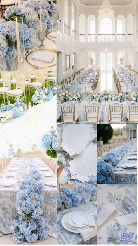 Wedding Blue Hydrangeas, Blue Table Settings Wedding, Blue Floral Wedding Theme, Blue And White Spring Wedding, Wedding Ideas Blue And White, Light Blue And White Wedding Theme, Sky Blue And White Wedding, Blue Black And White Wedding, Sky Blue Wedding Theme