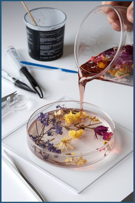 Pouring resin over colorful dried flowers arranged in a petri dish. Epoxy Dried Flowers Diy, How To Put Flowers In Resin, Pressed Flower Resin Art, Preserving Flowers In Resin, Diy Flower Resin, Epoxy Resin Flowers, Flower Resin Art, Freeze Dried Flowers, Using Dried Flowers