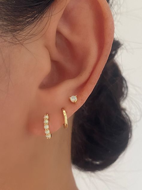 Dainty Opal Hoop Earring Set GOLD – ANETT Ears With 3 Piercings, Cute Dainty Piercings, 3 Rd Piercing, Three Ears Pierced, 2 Peircings Earring Gold, 3 Piercing Ideas, Earrings For Three Piercings, Triples Earring Combos, 3 Percinings Ear