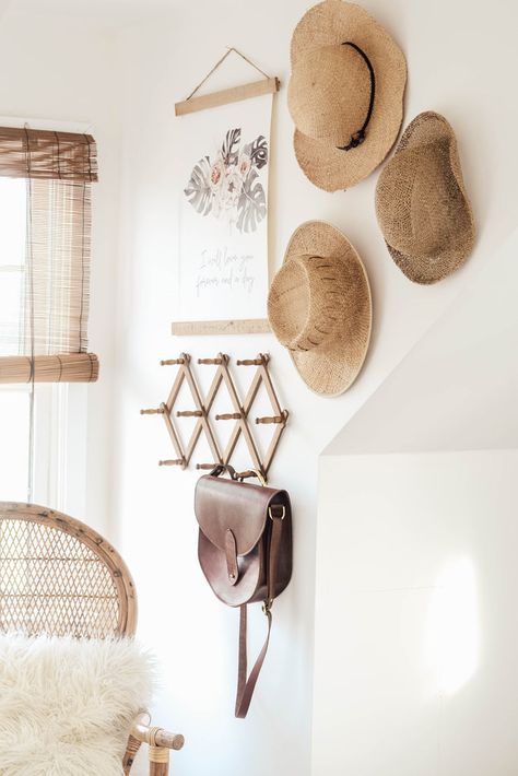 Spring Bedroom Refresh – Aimee Weaver Designs Straw Hat Wall Decor, Hanging Hats On Wall, Hats Wall Decor, Purse Wall, Hat Wall Decor, Florida Home Decorating, Make A Hat, Hat Decor, Wall Hats