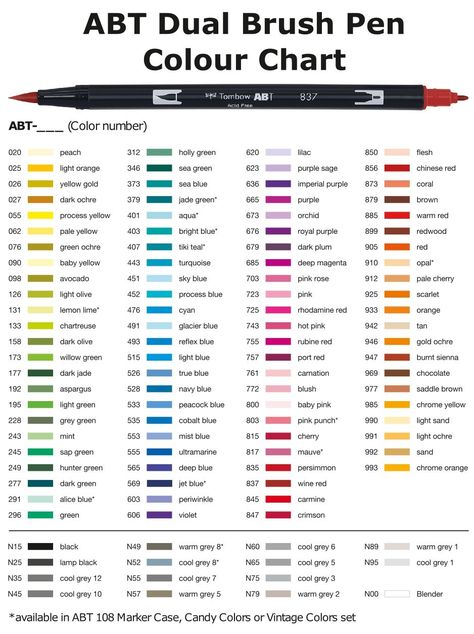 Tombow Color Chart, Tombow Dual Brush Pen Color Chart, Tombow Brush Pen Swatches, Tombow Dual Brush Pen Swatches, Pen Swatches, Ink Swatches, Coloring Brush Pen, Tombow Brush Pen, Tombow Markers