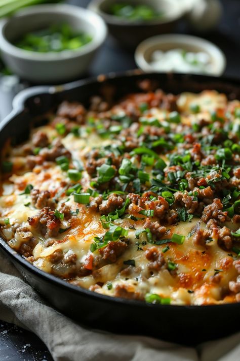 Cheesy skillet dish topped with ground meat, green onions, and herbs. Beef Cast Iron Recipes, Beef Quick Dinner Recipes, Ground Beef Recipes Stroganoff, Quick Hearty Meals, Ground Meat Skillet Recipes, Easy Healthy Beef Dinner Recipes, Ground Beef One Pot Meals Easy Dinners, Healthy Ground Beef Bowl Recipes, Ground Beef And Perogies