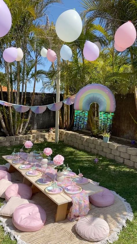 Rainbow Tea Party Birthday, Unicorn Picnic Party, Unicorn Garden Party, Unicorn Tea Party Birthday, Garden Kids Party, Rainbow Tea Party, Kids Garden Party, Unicorn Tea Party, Backyard Birthday Parties