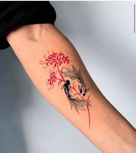 Red Koi Fish Tattoo, Forearm Tattoo Ideas For Men, Koi Fish Tattoos, Red Koi Fish, Brown Tattoo Ink, Tatuaje Studio Ghibli, Forearm Tattoo Ideas, Koi Tattoo Design, Spider Lily