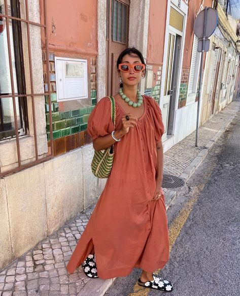 growing and glowing - @barbarasantiago.r Tired Dress Outfit, Coastal Outfits, Morocco Fashion, Knit Bag, Floral Sandals, European Vacation, August 1, Style Crush, Trend Fashion