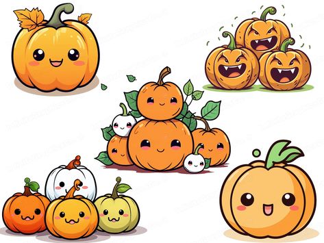 Kawaii, Cute Pumpkin Drawing, Pumpkin Kawaii, Kawaii Pumpkin, Illustrations Digital, Autumn Clipart, Pumpkin Illustration, Halloween And Fall, Pumpkin Clipart