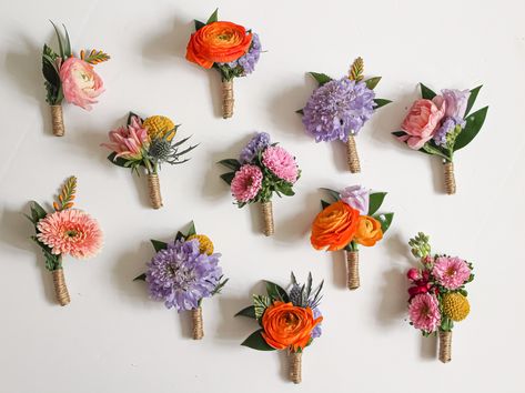 Multicolor Boutonniere, Spring Wedding Boutonniere, Colourful Boutonniere, Summer Boutonniere, Wildflower Boutonniere, Colorful Boutonniere, Black Baccara Roses, Boutineer Ideas, Orange Purple Wedding