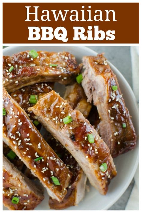 Hawaiian BBQ Ribs - oven baked ribs with a sweet and spicy Hawaiian-inspired sauce. They are so tender and delicious! Hawaiian Ribs Recipe, Hawaiian Ribs, Ribs Oven Baked, Poppy Lol, Bbq Ribs In Oven, Ribs Recipe Oven, Fake Ginger, Pork Back Ribs, Ribs In Oven