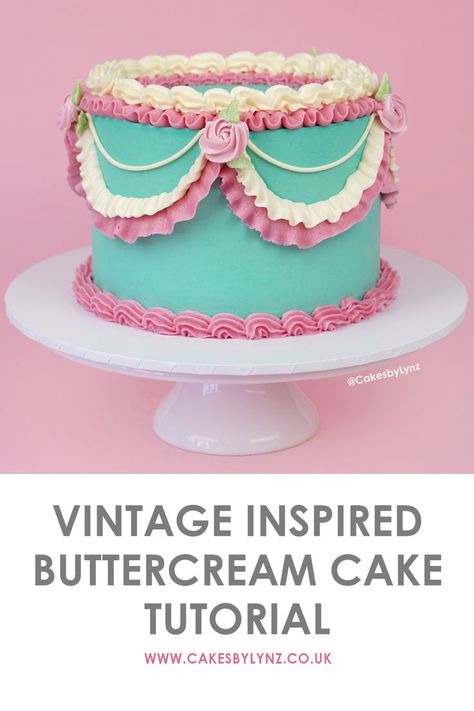 Vintage Inspired Piped Buttercream Lambeth Cake Tutorial – Cakes by Lynz Fancy Piping On Cakes, Piping Lace Design, Vintage Cake Tips, Vintage Cake Piping Techniques, Ribbon Piping On Cake, Piping Tips For Vintage Cake, Piped Buttercream Cake, How To Make A Vintage Cake, Ruffle Piping Tips