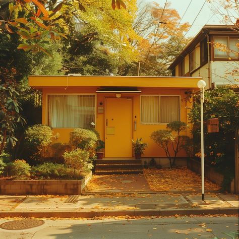 Retro Home Exterior, 1960s House Exterior, 70s Suburbia, 60s House Exterior, Retro House Exterior, Retro Buildings, 70s House Exterior, 1960s Interior Design, Yellow Kitchen Cabinets