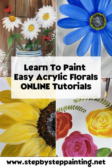 Learn how to paint easy floral paintins with acrylics. These are beginner painting tutorials. Learn how to paint a sunflower, how to paint daisies, how to paint a gerbera daisy, how to paint roses. How To Paint Flowers Acrylic Step By Step, How To Paint Daisies, How To Paint A Sunflower, Easy Beginner Painting Step By Step, How To Paint Flowers Easy, How To Paint Flowers Acrylic Easy, Learn To Paint With Acrylics, Paint Daisies, Paint A Sunflower