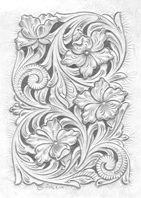 Tooled Leather Tattoo, Western Floral Tattoo, Western Drawings, Leather Tattoo, Leather Patterns Templates, Cowboy Tattoos, Leather Working Patterns, Western Tattoos, Leather Tooling Patterns