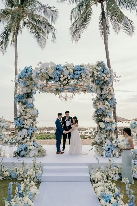 This Elegant Phuket Marriott Resort and Spa Wedding Was Inspired by the Bride’s Love for the Beach White And Blue Beach Wedding, Sky Blue Weddings, Baby Blue Weddings, Wedding Gazebo, Blue Beach Wedding, Beautiful Wedding Ceremony, Blue White Weddings, Beach Wedding Centerpieces, Dream Beach Wedding