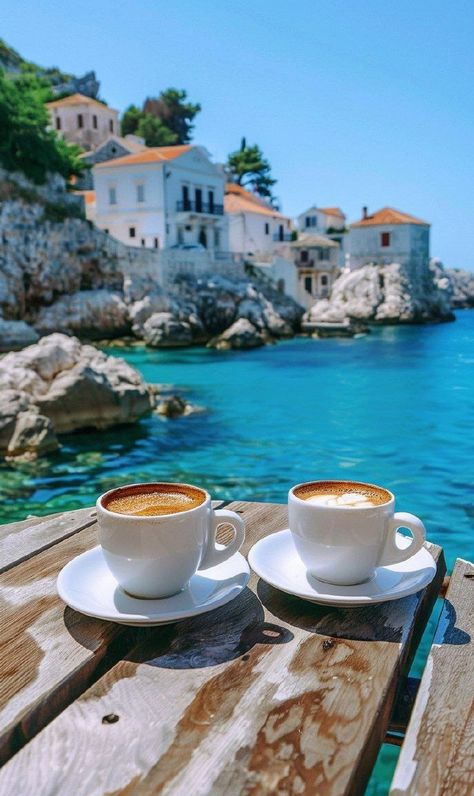 Good Morning On The Beach, Coffee On The Beach, Romantic Coffee, Sunrise Coffee, Night Cafe, Greece Pictures, Romantic Nature, Good Morning Greeting Cards, Draw Together