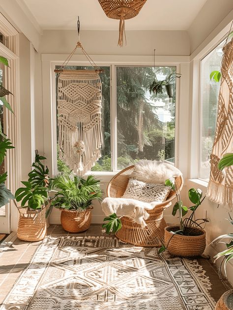 17 Airy Boho Sunroom Designs to Create Your Perfect Relaxation Spot Hanging Basket Window, Boho Sitting Area, Dream Sunroom, Boho Sunroom, Sunroom Decor, Small Sunroom, Boho Style Interior, Sunroom Ideas, Sunroom Decorating