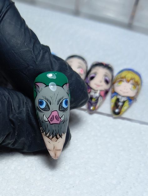 Demon slayer 🎋🧧 Inosuke Nails, Uñas Demon Slayer, Demon Slayer Nail Art, Demon Slayer Nails, Anime Nails, Nail Art Instagram, Kawaii Nails, 3d Nail Art, 3d Nails