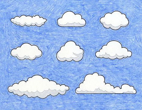 Draw Clouds, Portraits For Kids, Line Art Projects, Cloud Tutorial, Planet Drawing, Small Clouds, Mountain Drawing, Drawing Prompts, Cartoon Clouds