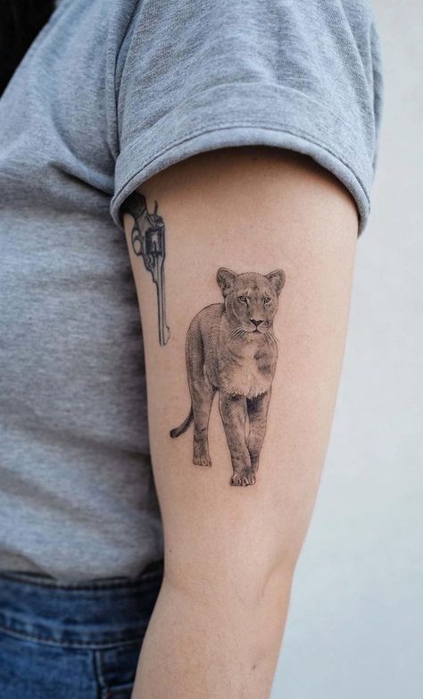 Tattoos Lion Women, Lion Tattoo On Arm For Women, Woman With Lion Tattoo, Realistic Lioness Tattoo, Lion Tattoo Placement For Women, Big Cat Tattoos, Leo And Taurus Tattoo, Walking Lion Tattoo, Feline Tattoo