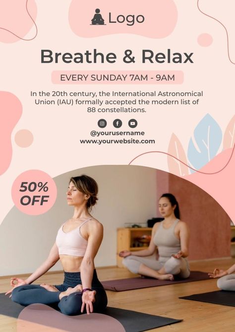 Abstract Pastel Breath And Relax Yoga Class Every Sunday Poster Online Yoga Classes Poster, Yoga Class Poster Design, Yoga Class Poster, Wellness Poster, Yoga Poster Design, Class Poster Design, Yoga Post, Relax Yoga, Yoga Flyer