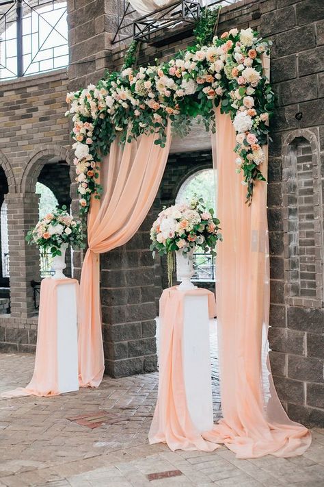 30 Coral Wedding Decor Ideas We Are Obsessed With — PACIFIC ENGAGEMENTS Coral Wedding Decorations, Coral Wedding Colors, Wedding Drapery, Unique Bridal Bouquets, Rustic Wedding Decorations, Romantic Wedding Ceremony, Wedding Design Decoration, Wedding Ceremony Backdrop, Wedding Entrance