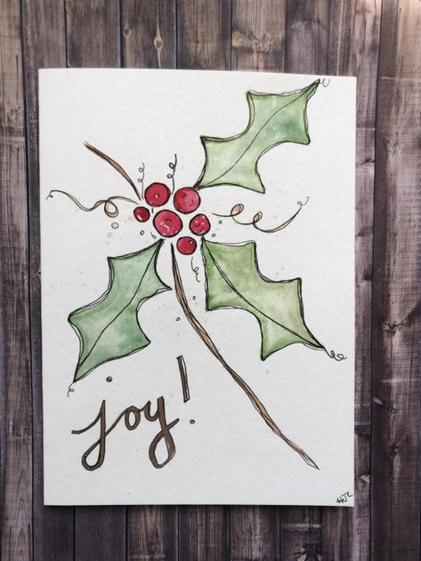 Watercolor Holly Christmas Card Hand Painted Christmas Card | Etsy #christmas #christmascrafts #happynewyear Christmas Card Homemade, Homemade Christmas Card, Modele Zentangle, Watercolor Holly, Card Homemade, Painted Christmas Cards, Holly Christmas, Christmas Doodles, Christmas Card Art