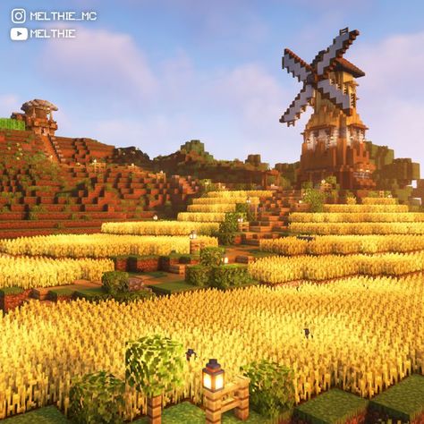 Cute Farm In Minecraft, Wheat Fields Minecraft, Minecraft Wheat Field Aesthetic, Minecraft Farm On Hill, Farm Field Minecraft, Rice Field Minecraft, Wheat Farm Minecraft Aesthetic, Minecraft Farm Field Ideas, Crop Field Minecraft