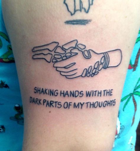 "Shaking hands with the dark parts of my mind" Express yourself 👍 #expressive #sayit #skeleton #tattoo #skeletontattoo #shakinghands #darkthoughts #peeps #lineworktattoo #oldeschooltattoo #marietta #atlanta #yankeedoodlezart Shaking Hands With The Dark Parts, Self Sabatoge Tattoo, Scrambled Mind Tattoo, Crazy Mind Tattoo, No Remorse Tattoo, Shake It Out Tattoo, Skeleton Art Tattoo, Trapped In My Mind Tattoo Ideas, How Soon Is Now Tattoo