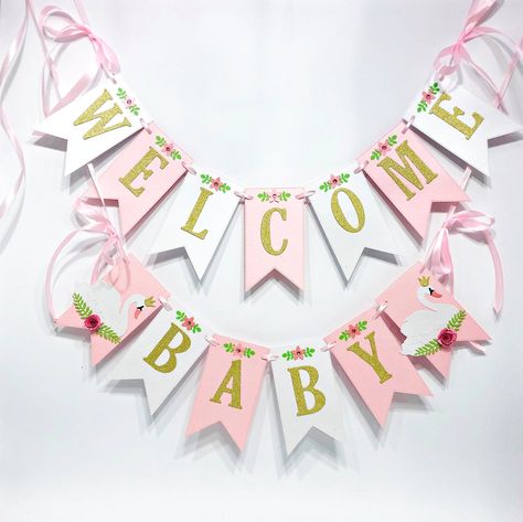 Welcome Baby Signs, Princess Banner, Swan Baby Shower, Welcome Baby Banner, Welcome Baby Girl, Two Swans, Favor Boxes Birthday, Princess Decorations, Princess Party Favors