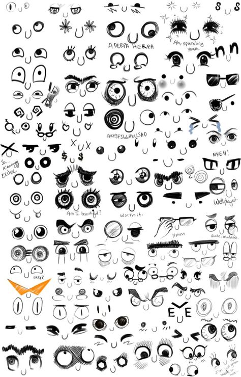 Eye chart for illustrations Funny Face Drawings, Comic Tips, Face Doodles, Tattoos Simple, Arte Doodle, Emoji Drawings, Doodle Characters, Drawing Cartoon Faces, Tutorial Drawing