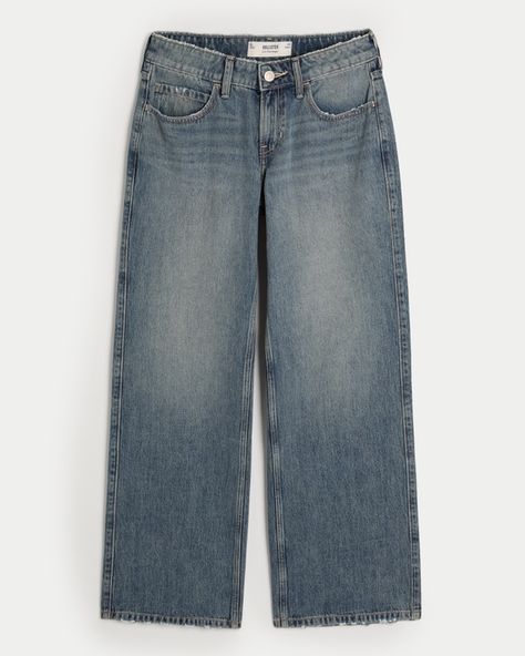 Women's Low-Rise Medium Wash Baggy Jeans | Women's Bottoms | HollisterCo.com Dark Wash Baggy Jeans, Light Wash Baggy Jeans, Jeans Png, Black Baggy Jeans, Low Rise Baggy Jeans, Low Waist Jeans, Comfy Jeans, Women's Bottoms, Comfortable Jeans