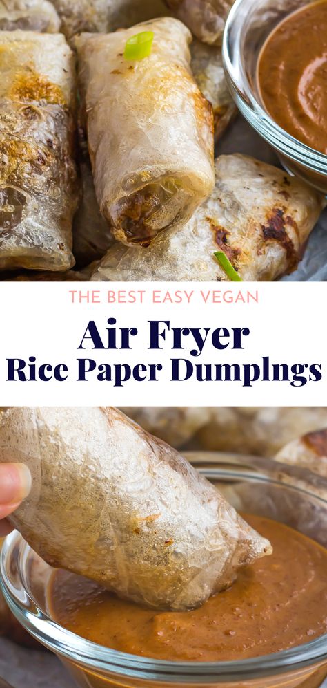 Fast, easy, and extremely flavourful, these Air Fryer Rice Paper Dumplings are so simple to make! Crispy on the outside, chewy inside, and loaded with healthy veggies and Asian-inspired flavors, these vegan rice paper dumplings are perfect for a party appetizer or snack. This vegan air fryer recipe is completely gluten-free as well! Healthy Rice Paper Dumplings, Simple Air Fryer Recipes Dinner, Air Fry Rice Paper Rolls, Rice Paper Egg Rolls Air Fryer, Spring Roll Air Fryer, Air Fryer Spring Rolls Recipe Rice Paper, Crispy Rice In Air Fryer, Gluten Free Rice Paper Recipes, Vegan Dinner Air Fryer