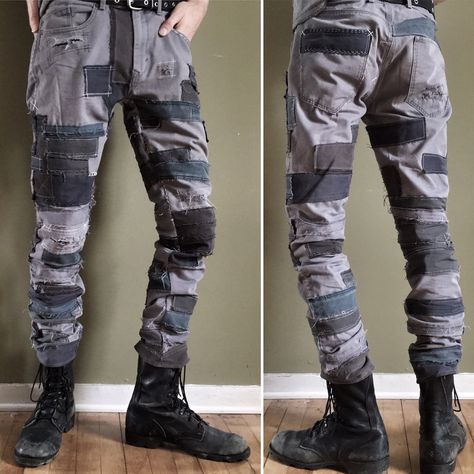 90's grunge / post-apocalyptic inspired adventure pants that I made out of old fabric scraps. Distressed Cotton Grunge Pants, Black Post-apocalyptic Style Bottoms For Festival, Post-apocalyptic Black Bottoms For Festival, Grunge Post Apocalyptic, Distressed Clothing Post Apocalyptic, 90s Grunge, Post Apocalyptic, Parachute Pants, Fabric Scraps