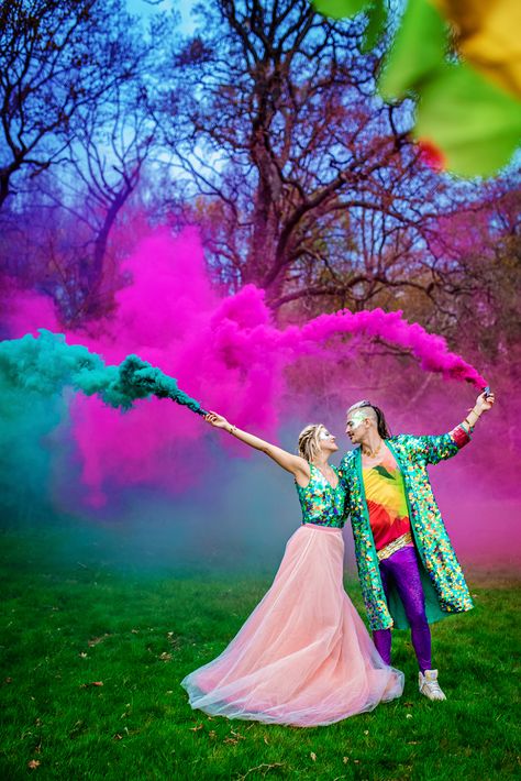 The Glitter & The Colour: A Modern Festival Inspired Styled Shoot · Rock n Roll Bride Rave Wedding, Wedding Fest, Dip Dye Dresses, Festival Style Wedding, Festival Themed Wedding, Painted Leather Jacket, Pink Tulle Skirt, Festival Bride, Rock Festival