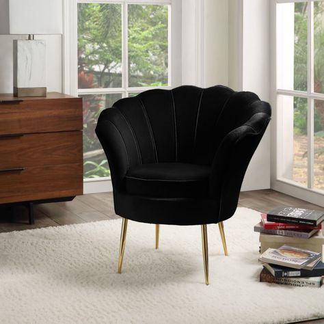 Arrives by Fri, Oct 8 Buy 34" Angelina Black Velvet Scalloped Back Barrel Accent Chair with Metal Base at Walmart.com Barrel Accent Chair, Comfortable Accent Chairs, Comfy Armchair, Velvet Living Room, Bedroom Lounge, Salon Suites, Velvet Accent Chair, Single Sofa Chair, Room Setting