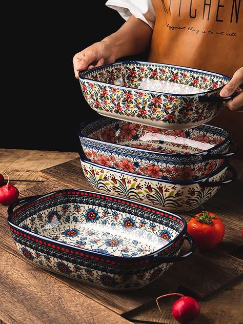 Bicuzat Vintage Style Pottery Bakeware Ceramic Casserole Dish Baking Pan Lasagna Pans Baking Dish with Handles for Oven/Cooking/Kitchen-1 PCS, Large Capacity, 60 OZ Ceramic Bakeware, Ceramic Tableware, Dish Sets, Polish Pottery, Kitchen Items, Kitchen Stuff, Bakeware, The Table, Casserole Dishes