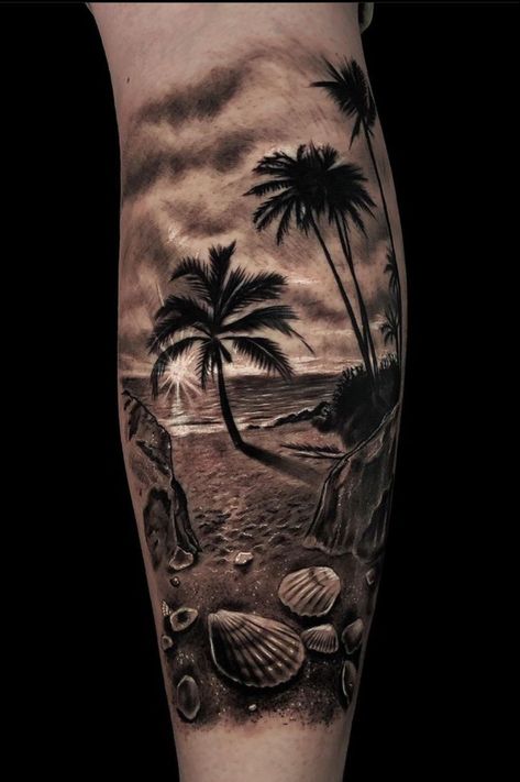 Beach Tattoo Sleeve, Strand Tattoo, Tree Sleeve Tattoo, Beachy Tattoos, Hawaii Tattoos, Tree Tattoos, Palm Tattoos, Men Tattoos Arm Sleeve, Ocean Tattoos